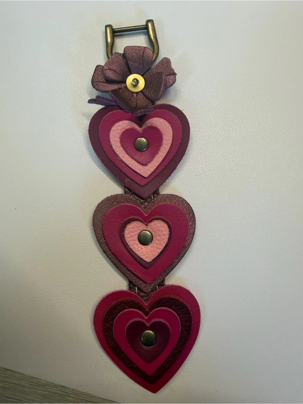 🩷Handcrafted Layered Heart Leather Bag Charm Pink & Burgundy Brass Hardware🩷